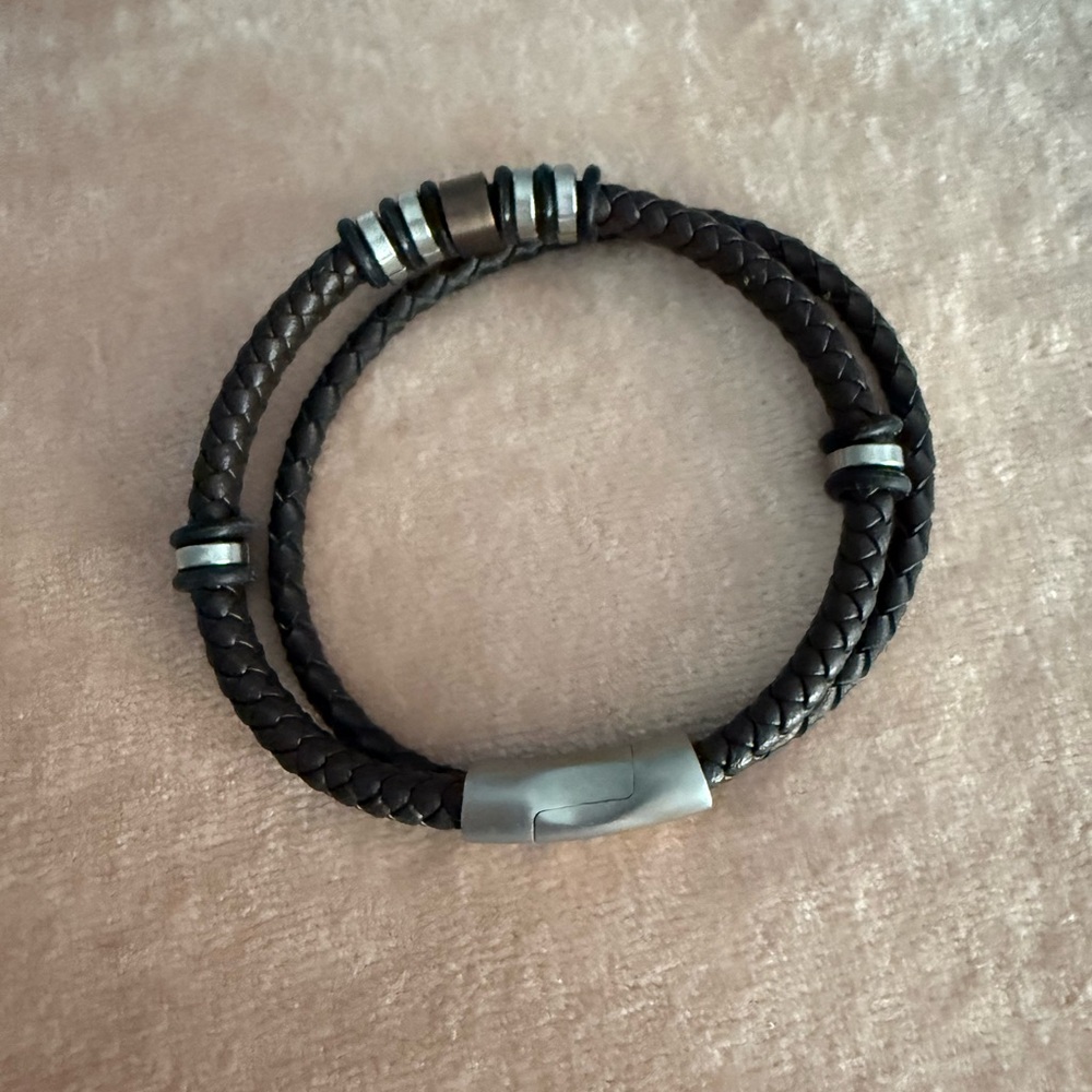 Braided Leather Bracelet with Silver Accents